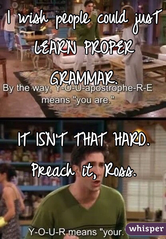 I wish people could jusT LEARN PROPER GRAMMAR.

IT ISN'T THAT HARD.
Preach it, Ross.