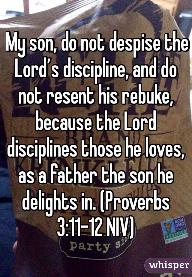  My son, do not despise the Lord’s discipline, and do not resent his rebuke, because the Lord disciplines those he loves, as a father the son he delights in. (‭Proverbs‬ ‭3‬:‭11-12‬ NIV)