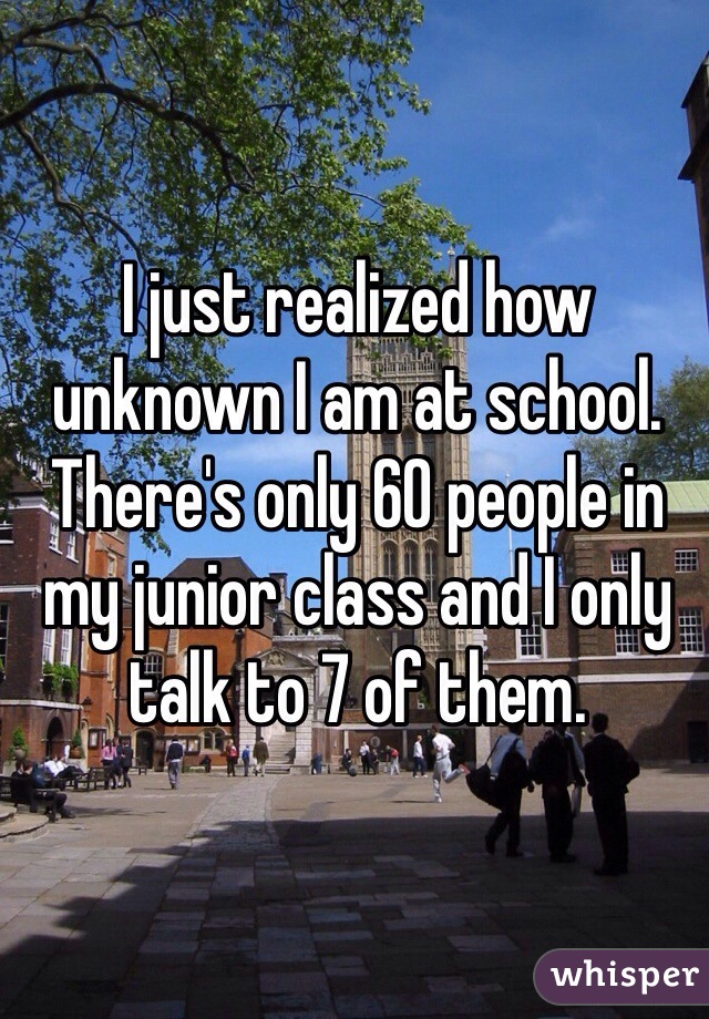 I just realized how unknown I am at school. There's only 60 people in my junior class and I only talk to 7 of them.