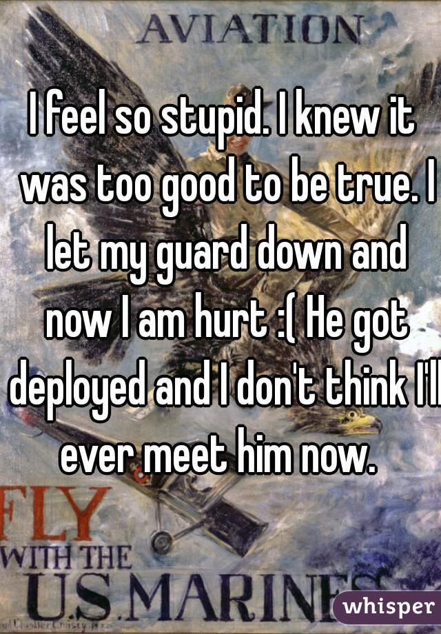 I feel so stupid. I knew it was too good to be true. I let my guard down and now I am hurt :( He got deployed and I don't think I'll ever meet him now.  