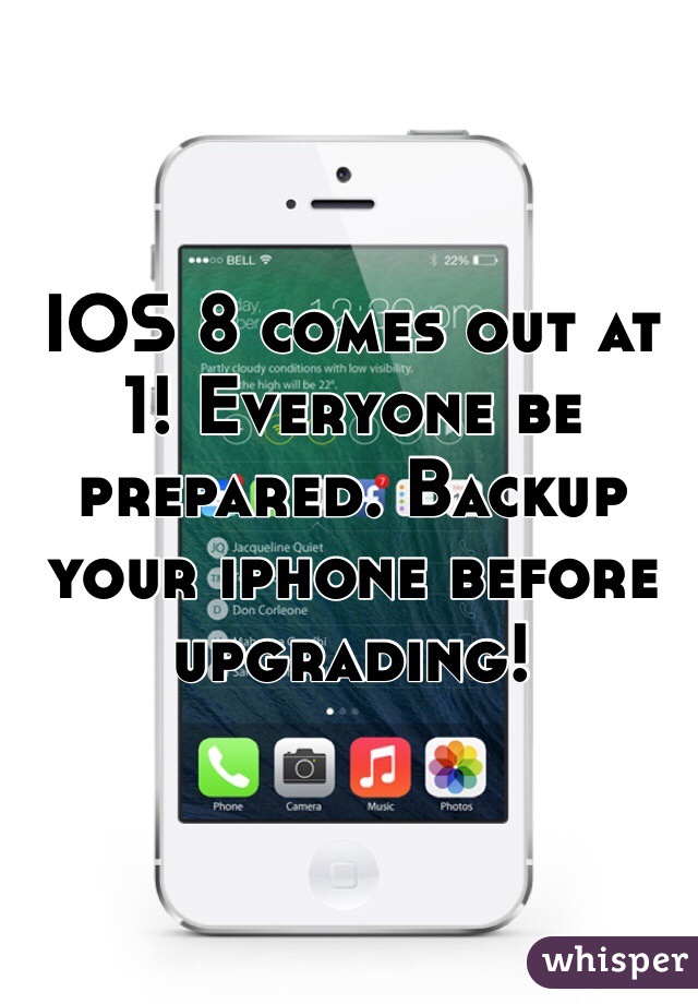 IOS 8 comes out at 1! Everyone be prepared. Backup your iphone before upgrading! 