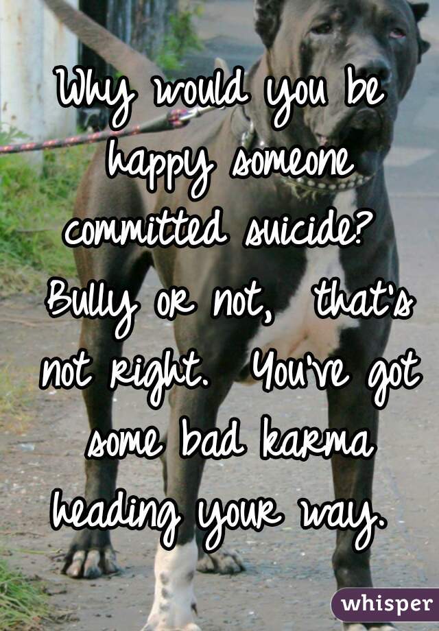 Why would you be happy someone committed suicide?  Bully or not,  that's not right.  You've got some bad karma heading your way. 