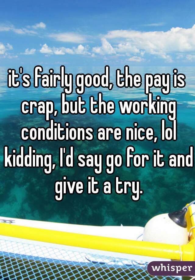 it's fairly good, the pay is crap, but the working conditions are nice, lol kidding, I'd say go for it and give it a try.