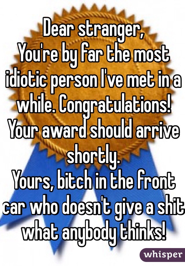 Dear stranger,
You're by far the most idiotic person I've met in a while. Congratulations! Your award should arrive shortly. 
Yours, bitch in the front car who doesn't give a shit what anybody thinks! 
