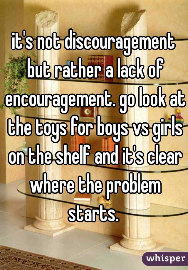 it's not discouragement but rather a lack of encouragement. go look at the toys for boys vs girls on the shelf and it's clear where the problem starts. 