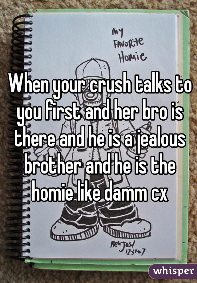 When your crush talks to you first and her bro is there and he is a jealous brother and he is the homie like damm cx   