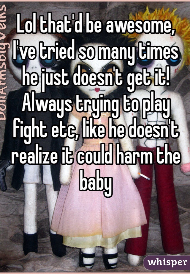 Lol that'd be awesome, I've tried so many times he just doesn't get it! Always trying to play fight etc, like he doesn't realize it could harm the baby