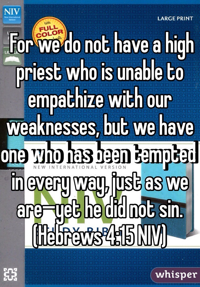  For we do not have a high priest who is unable to empathize with our weaknesses, but we have one who has been tempted in every way, just as we are—yet he did not sin. (‭Hebrews‬ ‭4‬:‭15‬ NIV)
