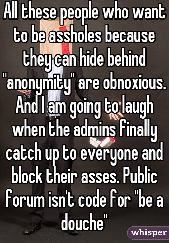 All these people who want to be assholes because they can hide behind "anonymity" are obnoxious. And I am going to laugh when the admins finally catch up to everyone and block their asses. Public forum isn't code for "be a douche"