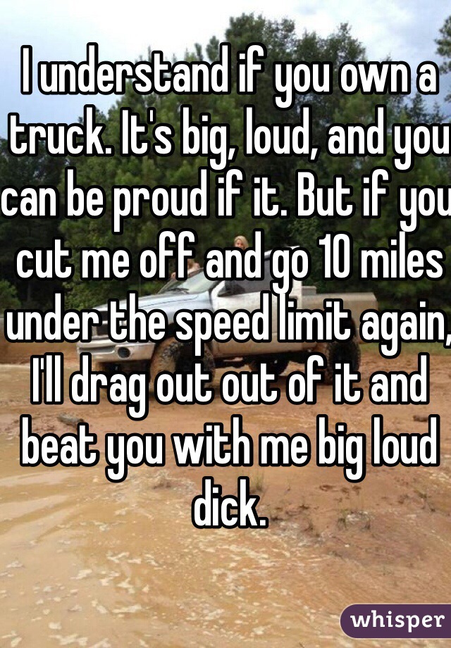 I understand if you own a truck. It's big, loud, and you can be proud if it. But if you cut me off and go 10 miles under the speed limit again, I'll drag out out of it and beat you with me big loud dick.