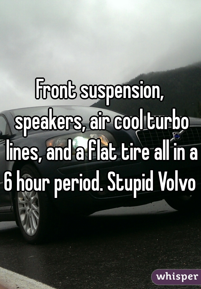 Front suspension, speakers, air cool turbo lines, and a flat tire all in a 6 hour period. Stupid Volvo 