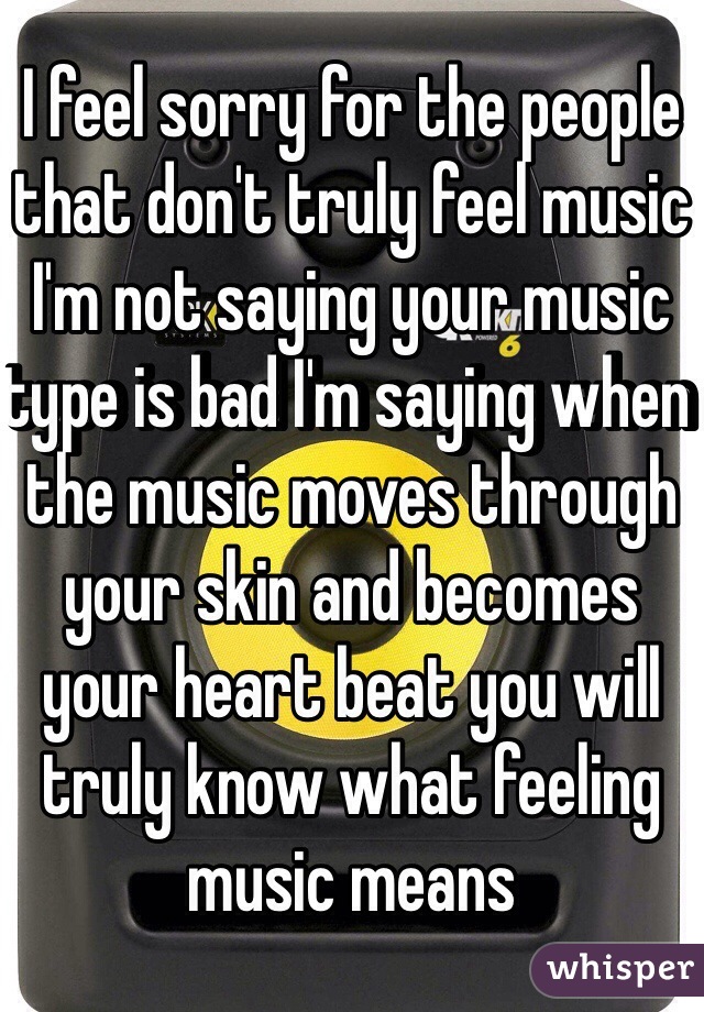 I feel sorry for the people that don't truly feel music I'm not saying your music type is bad I'm saying when the music moves through your skin and becomes your heart beat you will truly know what feeling music means 