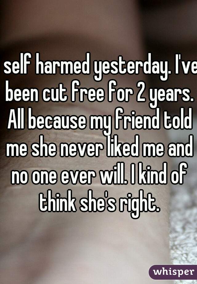 I self harmed yesterday. I've been cut free for 2 years. All because my friend told me she never liked me and no one ever will. I kind of think she's right.