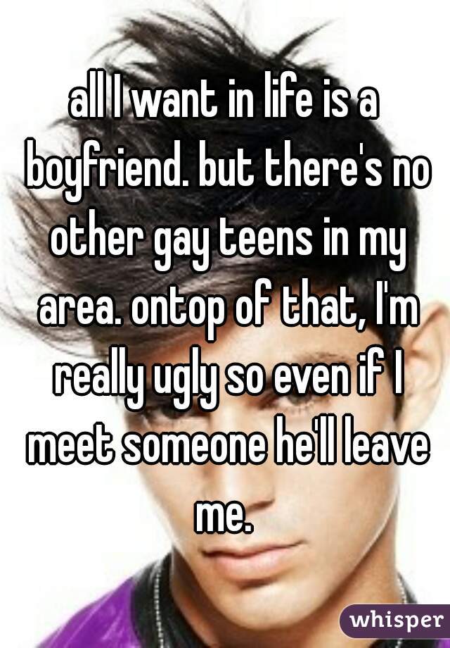 all I want in life is a boyfriend. but there's no other gay teens in my area. ontop of that, I'm really ugly so even if I meet someone he'll leave me. 