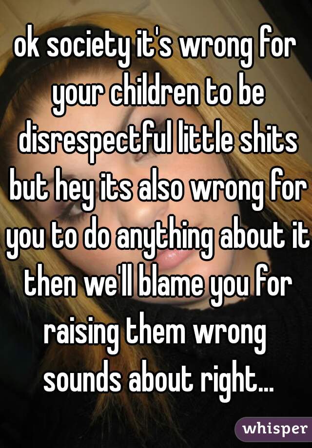 ok society it's wrong for your children to be disrespectful little shits but hey its also wrong for you to do anything about it then we'll blame you for raising them wrong  sounds about right...
