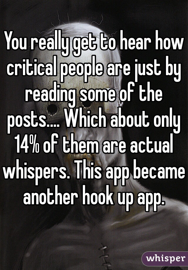 You really get to hear how critical people are just by reading some of the posts.... Which about only 14% of them are actual whispers. This app became another hook up app.