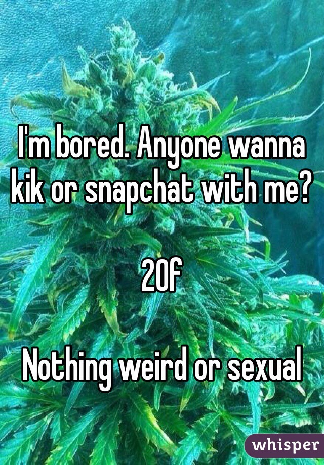 I'm bored. Anyone wanna kik or snapchat with me?

20f

Nothing weird or sexual 