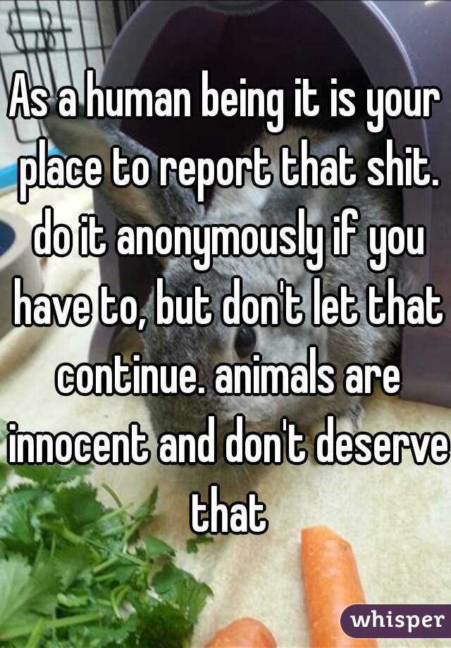 As a human being it is your place to report that shit. do it anonymously if you have to, but don't let that continue. animals are innocent and don't deserve that