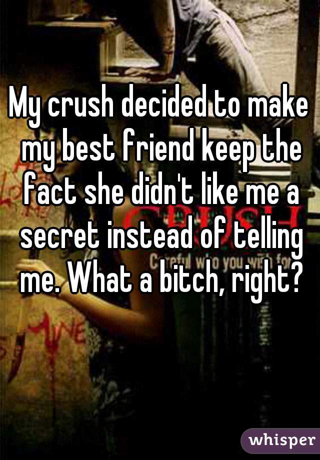 My crush decided to make my best friend keep the fact she didn't like me a secret instead of telling me. What a bitch, right?