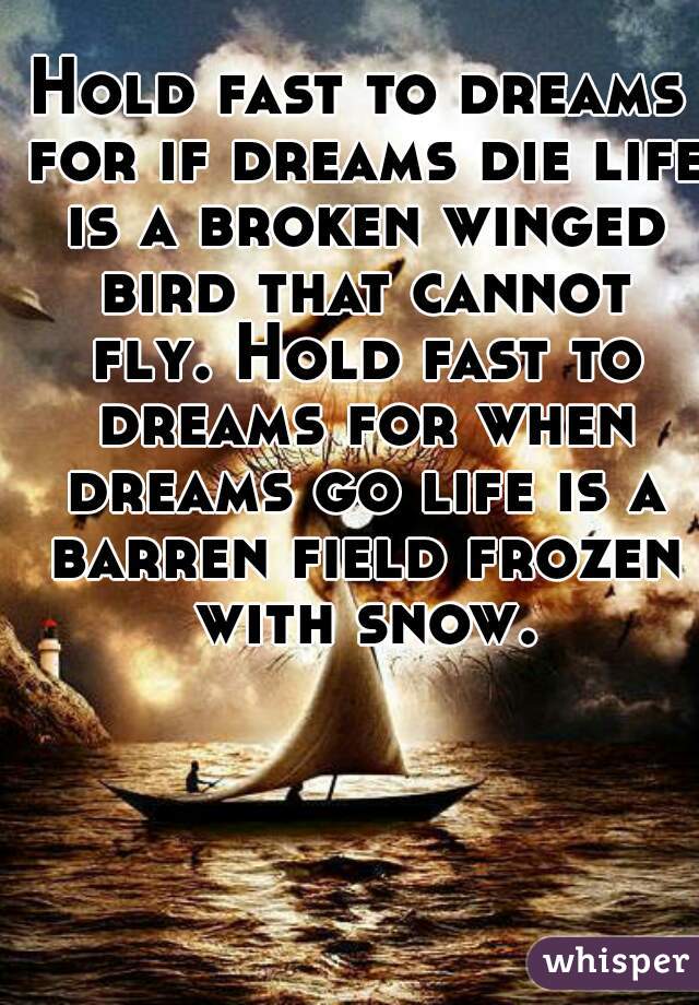 Hold fast to dreams for if dreams die life is a broken winged bird that cannot fly. Hold fast to dreams for when dreams go life is a barren field frozen with snow.
