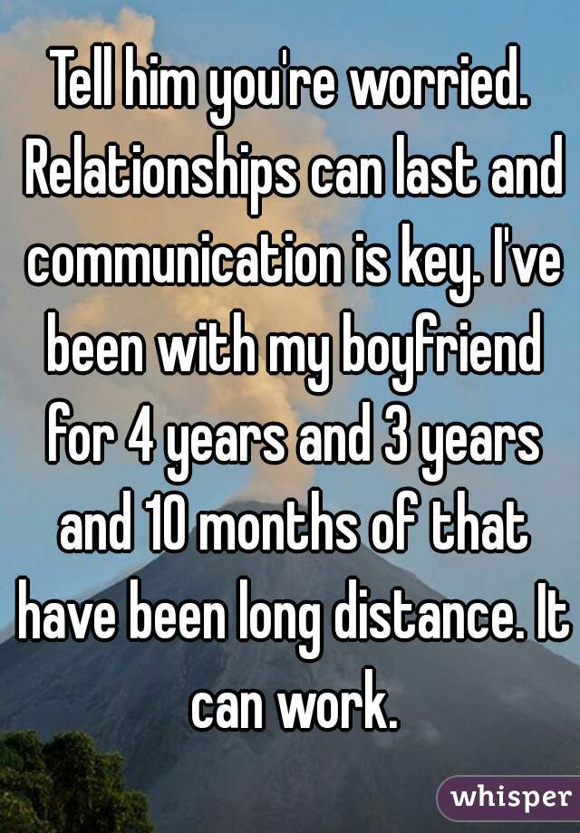 Tell him you're worried. Relationships can last and communication is key. I've been with my boyfriend for 4 years and 3 years and 10 months of that have been long distance. It can work.