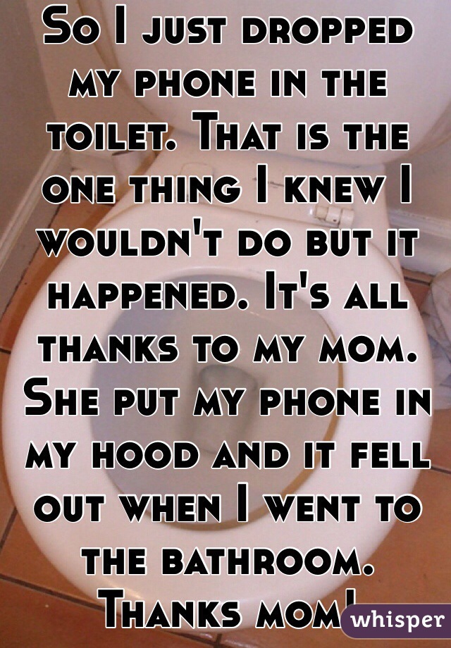 So I just dropped my phone in the toilet. That is the one thing I knew I wouldn't do but it happened. It's all thanks to my mom. She put my phone in my hood and it fell out when I went to the bathroom. Thanks mom!
