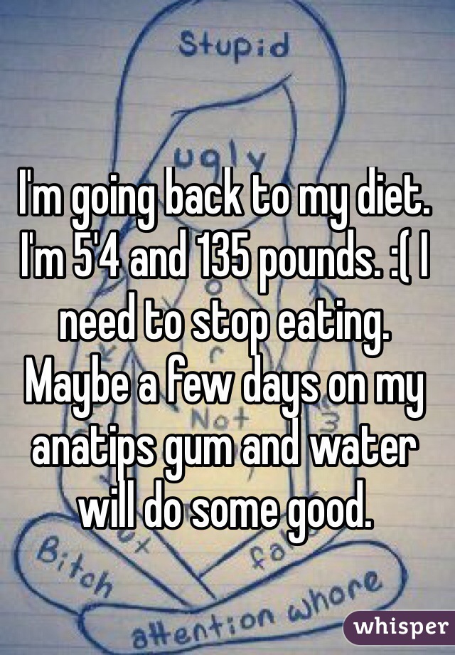 I'm going back to my diet. I'm 5'4 and 135 pounds. :( I need to stop eating. Maybe a few days on my anatips gum and water will do some good. 
