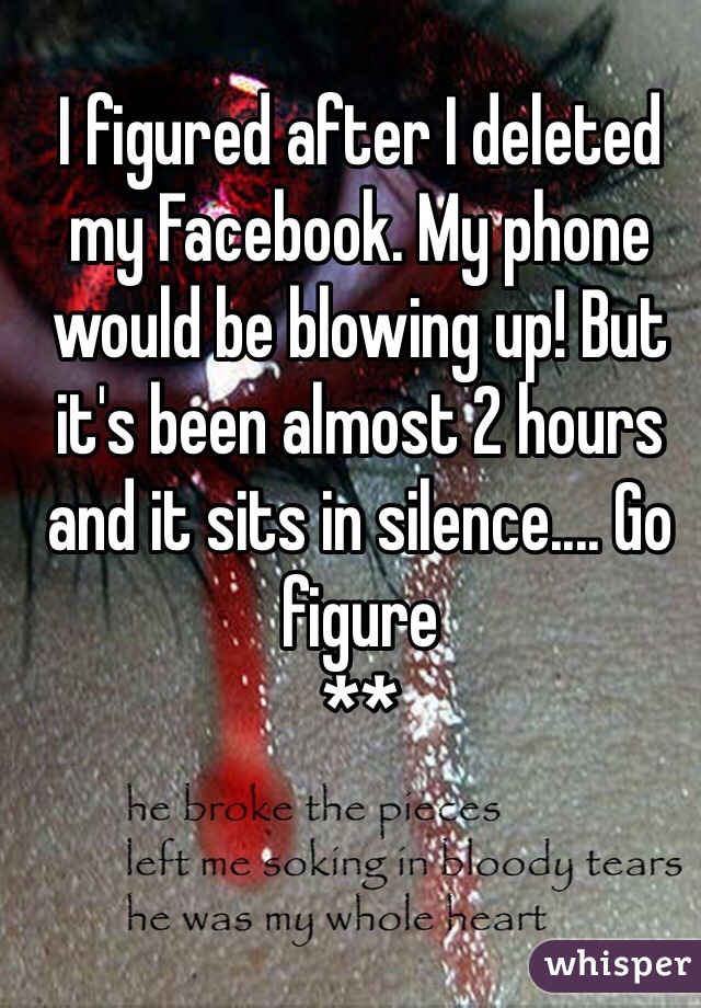 I figured after I deleted my Facebook. My phone would be blowing up! But it's been almost 2 hours and it sits in silence.... Go figure
**