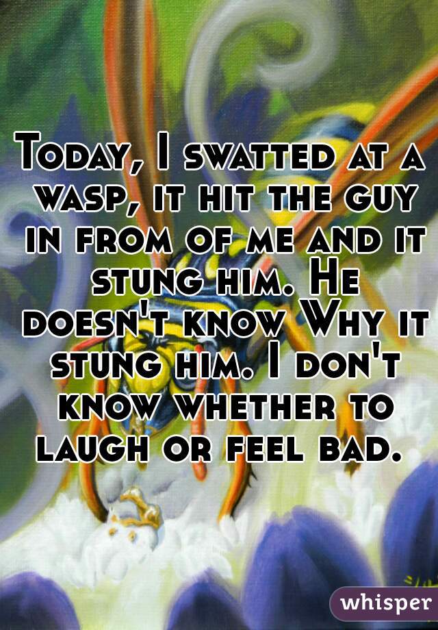 Today, I swatted at a wasp, it hit the guy in from of me and it stung him. He doesn't know Why it stung him. I don't know whether to laugh or feel bad. 