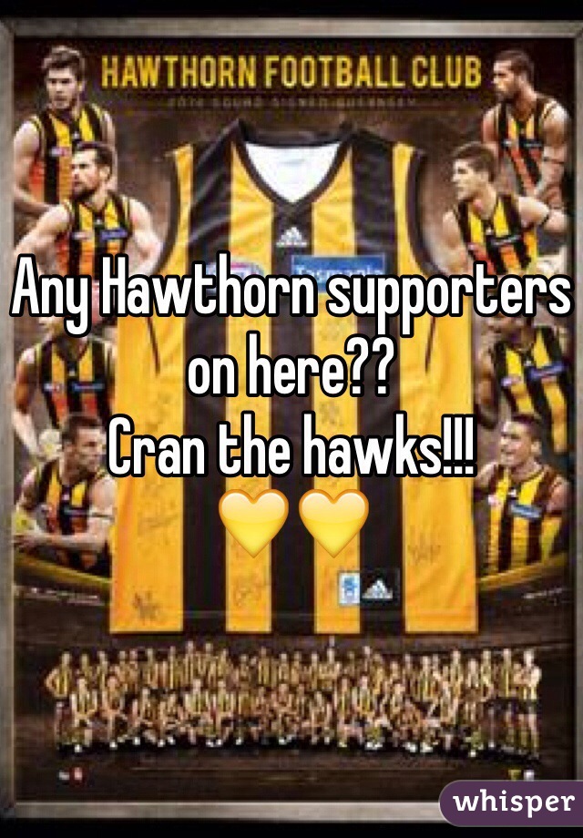 Any Hawthorn supporters on here?? 
Cran the hawks!!! 
💛💛