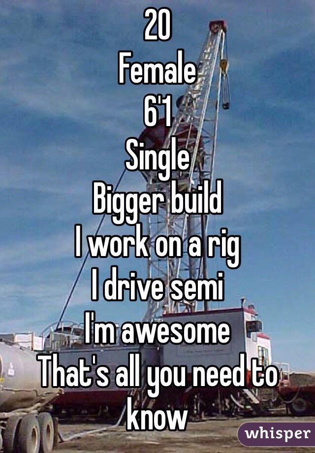 20
Female
6'1
Single
Bigger build
I work on a rig
I drive semi
I'm awesome
That's all you need to know