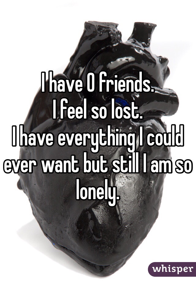 I have 0 friends. 
I feel so lost. 
I have everything I could ever want but still I am so lonely. 