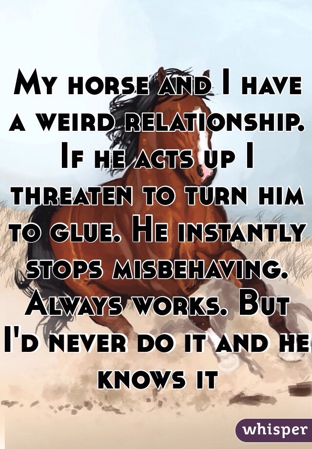 My horse and I have a weird relationship. If he acts up I threaten to turn him to glue. He instantly stops misbehaving. Always works. But I'd never do it and he knows it 