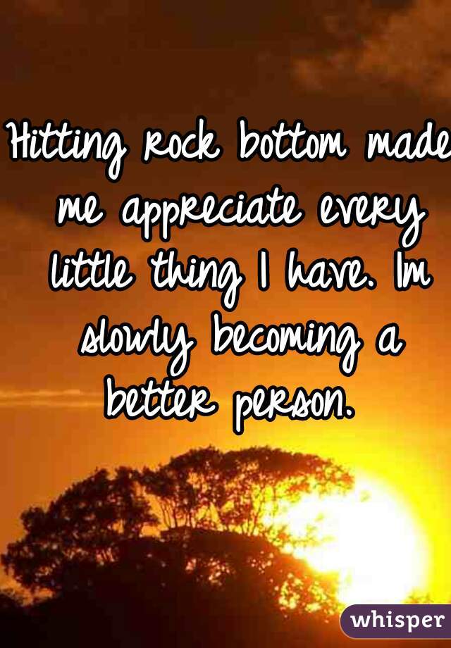 Hitting rock bottom made me appreciate every little thing I have. Im slowly becoming a better person. 