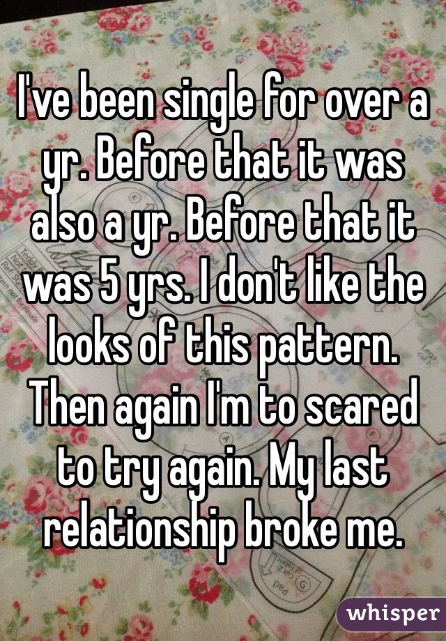 I've been single for over a yr. Before that it was also a yr. Before that it was 5 yrs. I don't like the looks of this pattern. Then again I'm to scared to try again. My last relationship broke me.  
