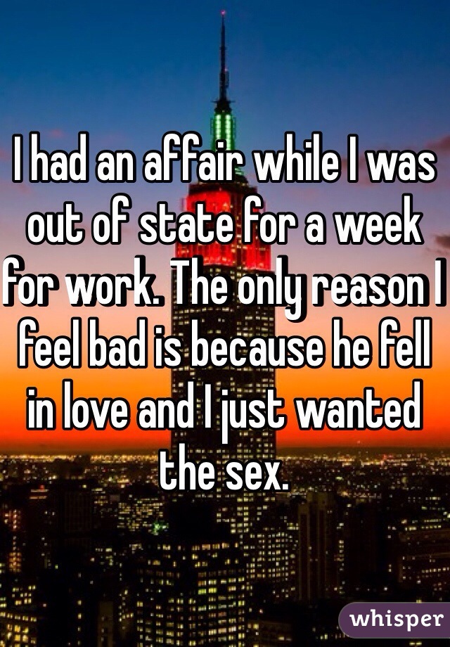 I had an affair while I was out of state for a week for work. The only reason I feel bad is because he fell in love and I just wanted the sex.