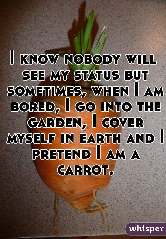 I know nobody will see my status but sometimes, when I am bored, I go into the garden, I cover myself in earth and I pretend I am a carrot.