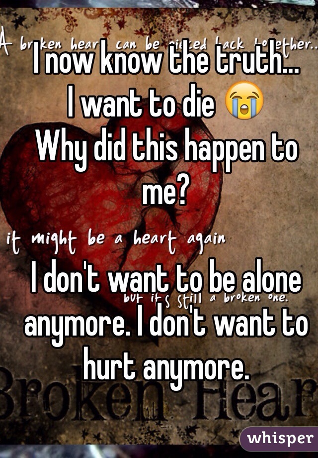 I now know the truth... 
I want to die 😭
Why did this happen to me?

I don't want to be alone anymore. I don't want to hurt anymore. 