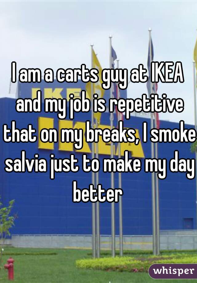 I am a carts guy at IKEA and my job is repetitive that on my breaks, I smoke salvia just to make my day better 