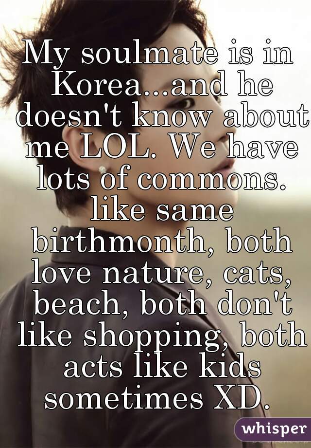 My soulmate is in Korea...and he doesn't know about me LOL. We have lots of commons. like same birthmonth, both love nature, cats, beach, both don't like shopping, both acts like kids sometimes XD. 