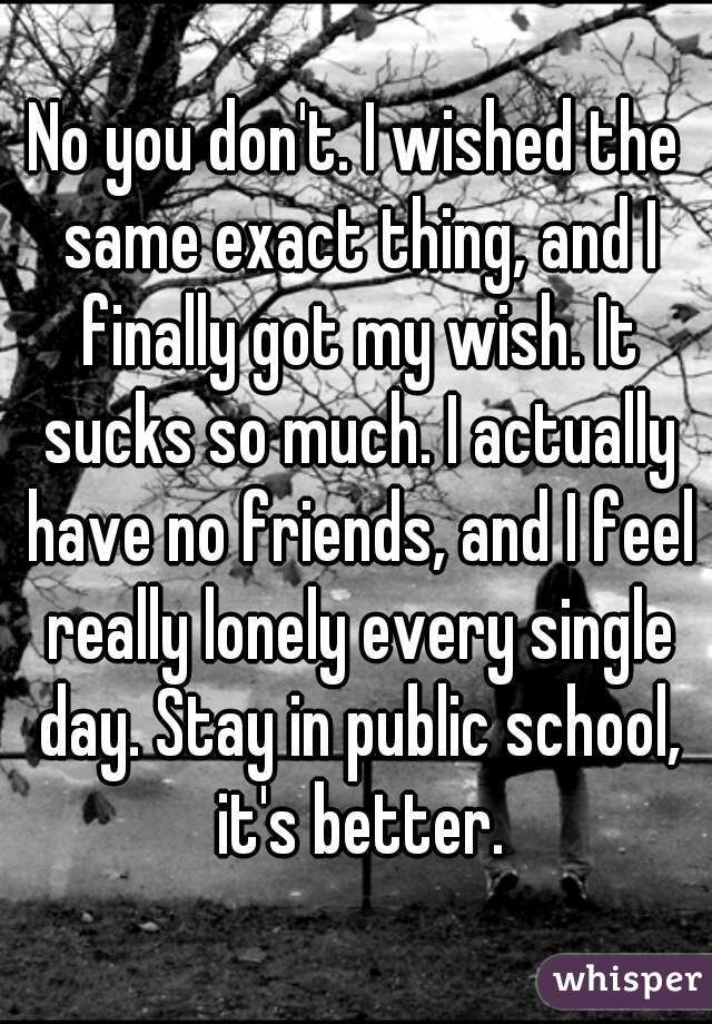 No you don't. I wished the same exact thing, and I finally got my wish. It sucks so much. I actually have no friends, and I feel really lonely every single day. Stay in public school, it's better.