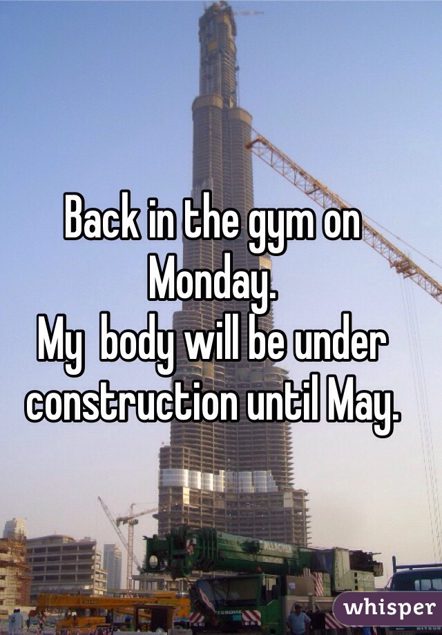 Back in the gym on Monday.
My  body will be under construction until May.