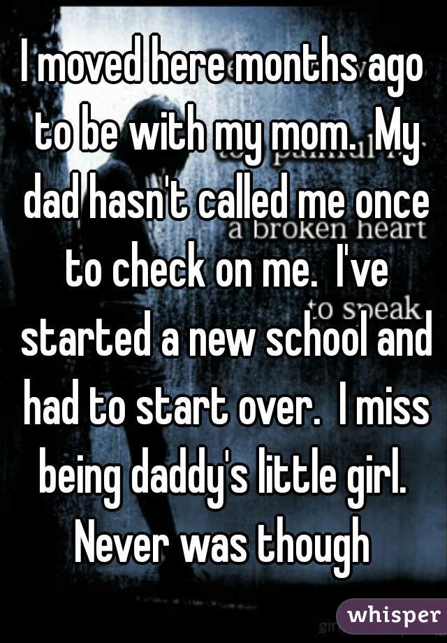 I moved here months ago to be with my mom.  My dad hasn't called me once to check on me.  I've started a new school and had to start over.  I miss being daddy's little girl.  Never was though 