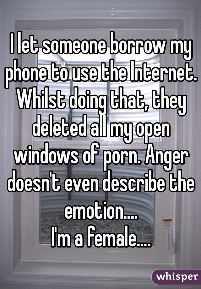 I let someone borrow my phone to use the Internet. Whilst doing that, they deleted all my open windows of porn. Anger doesn't even describe the emotion....
I'm a female....