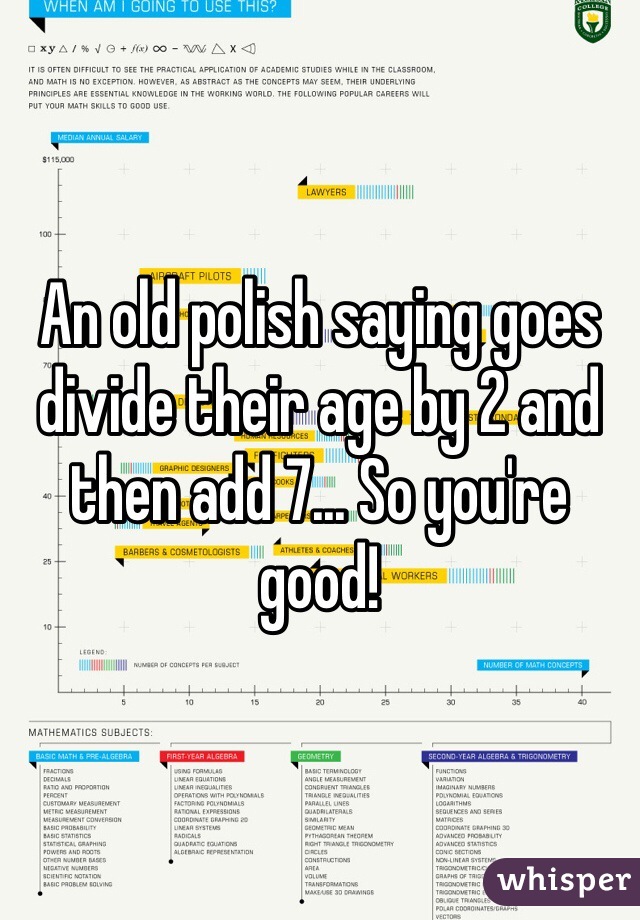 An old polish saying goes divide their age by 2 and then add 7... So you're good!