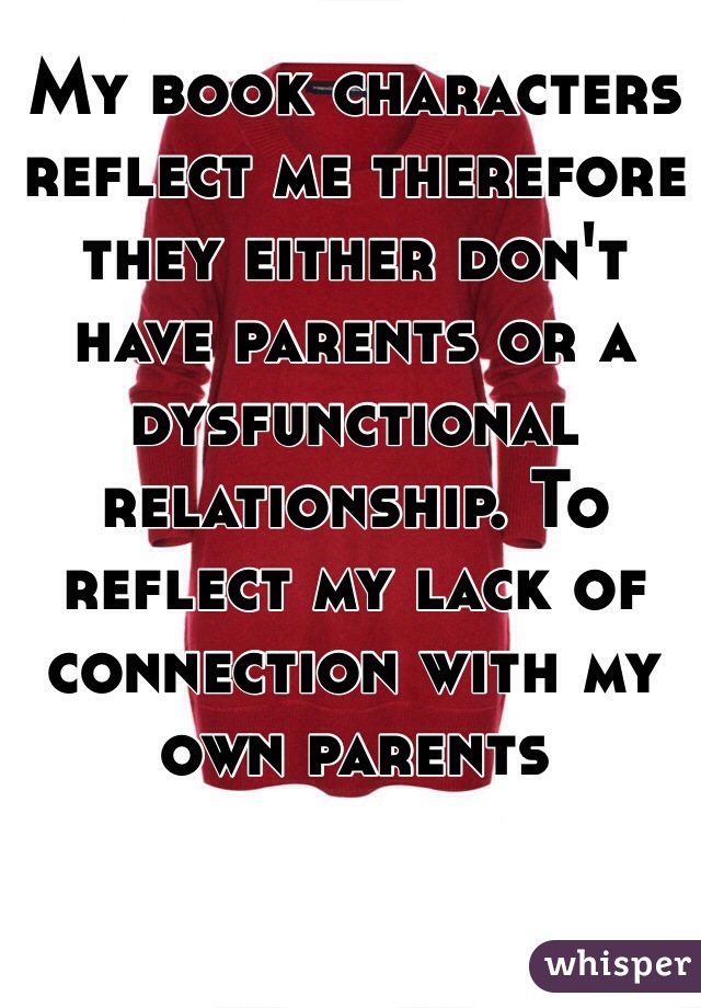 My book characters reflect me therefore they either don't have parents or a dysfunctional relationship. To reflect my lack of connection with my own parents 