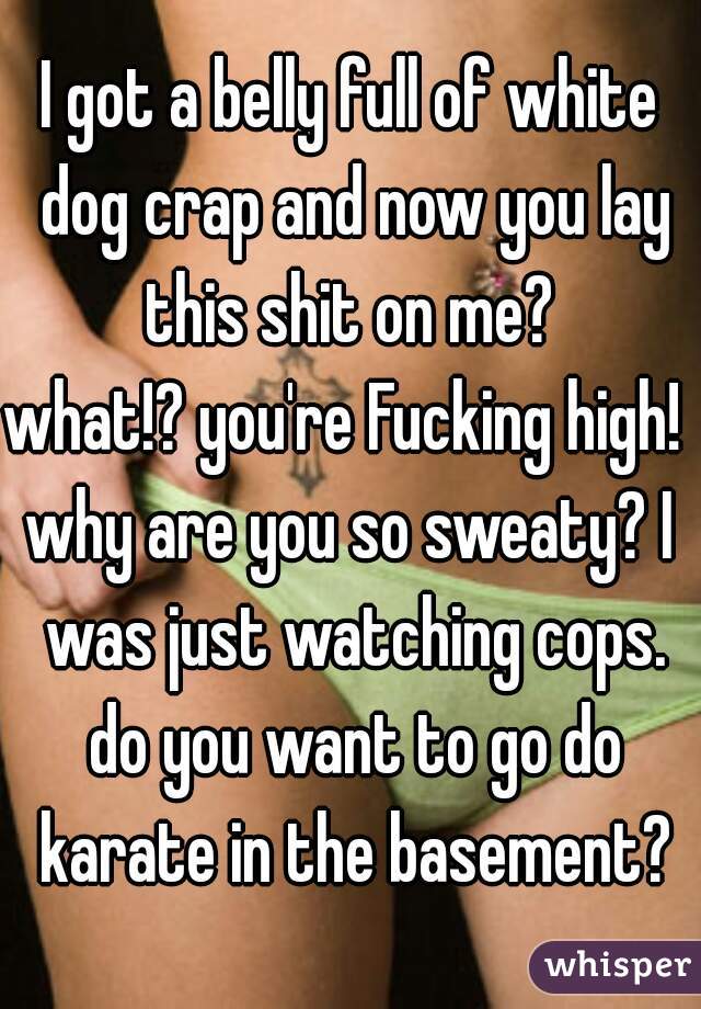 I got a belly full of white dog crap and now you lay this shit on me? 
what!? you're Fucking high! 
why are you so sweaty? I was just watching cops. do you want to go do karate in the basement?