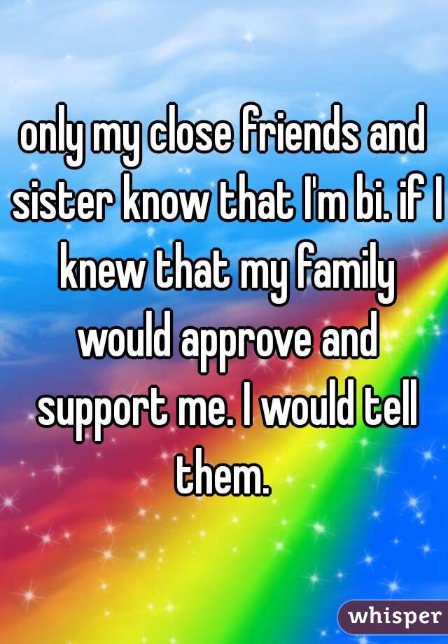 only my close friends and sister know that I'm bi. if I knew that my family would approve and support me. I would tell them. 
