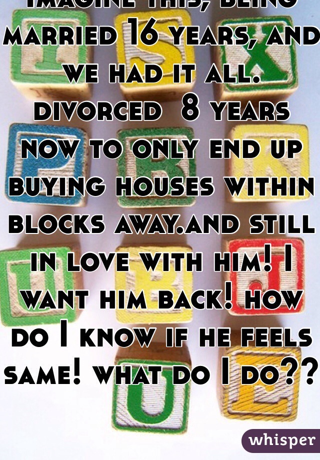Imagine this, being married 16 years, and  we had it all. divorced  8 years now to only end up buying houses within blocks away.and still in love with him! I want him back! how do I know if he feels same! what do I do??