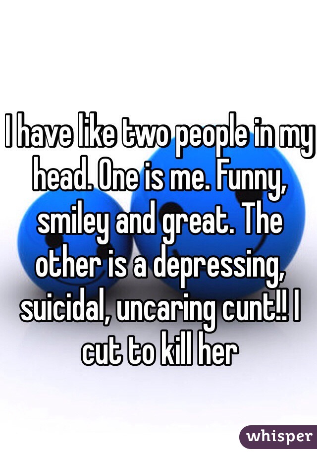 I have like two people in my head. One is me. Funny, smiley and great. The other is a depressing, suicidal, uncaring cunt!! I cut to kill her  